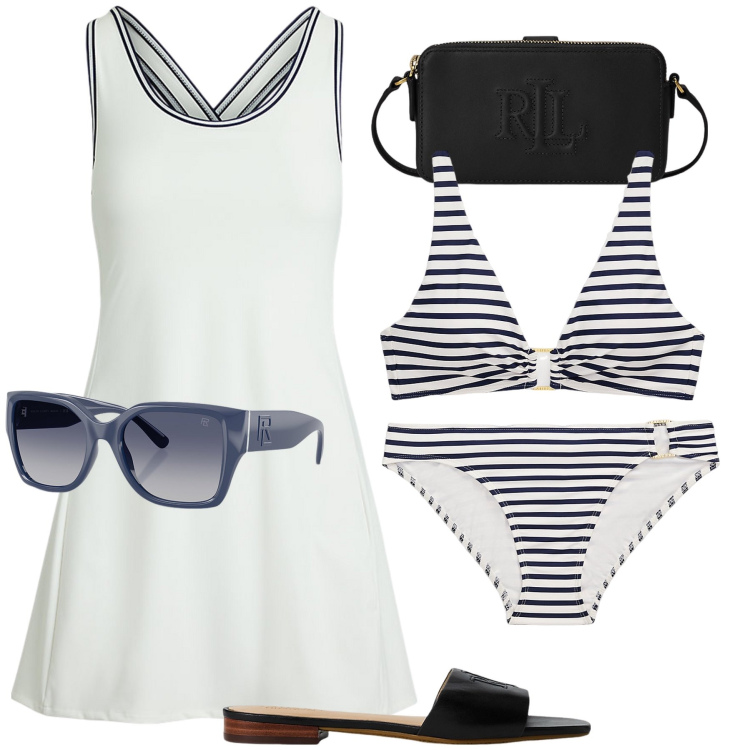 Outfit donna - Primo giorno di mare - @ambrosiajsi. Stile Bon Ton per Mare. Abbinamento con occhiali da sole, portafogli, vestiti, ciabatte, bikini, bikini.