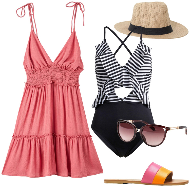 Outfit donna - Vacanze con il costume intero @susystyle. Stile Vintage retrò per Mare. Abbinamento con occhiali da sole, ciabatte, costumi interi, vestiti corti, cappelli.