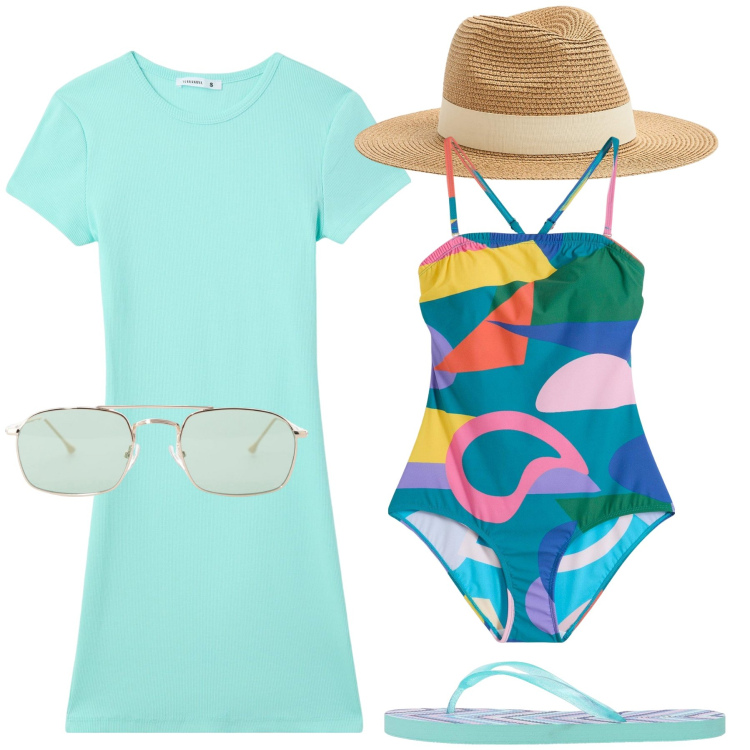 Outfit donna - Vacanze con il costume intero. Stile Sporty chic per Mare. Abbinamento con costumi interi, cappelli, infradito, vestiti, occhiali da sole.