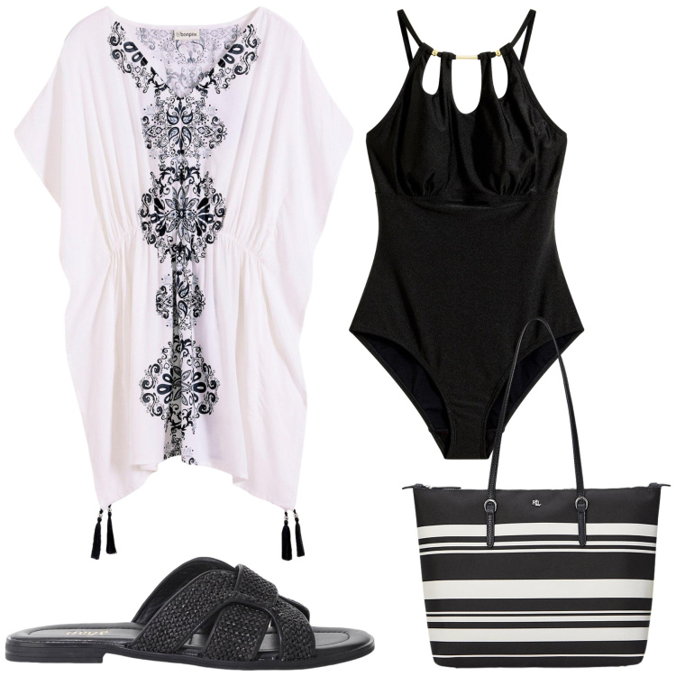 Outfit donna - Total look #2188605. Stile Glamour per Mare. Abbinamento con costumi interi, vestiti da spiaggia, sandali, borse tote.