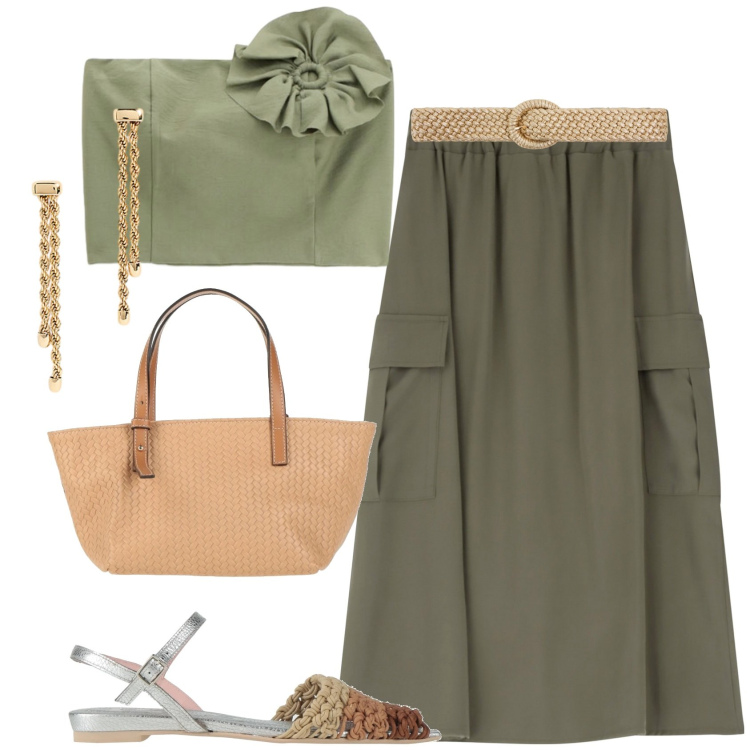 Outfit donna - Intrecci di stile !. Stile Casual chic per Tutti i giorni. Abbinamento con sandali in pelle, borse a mano, cinture, gonne lunghe, top, orecchini.