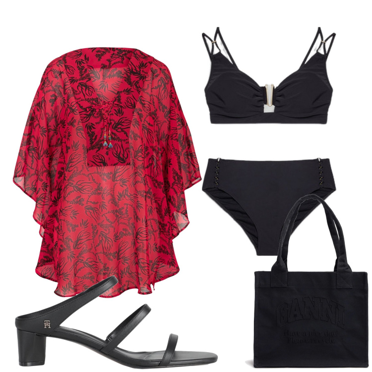 Outfit donna - Total look #2188607. Stile Sexy per Mare. Abbinamento con vestiti da spiaggia, sandali in pelle, bikini, shopping bag.