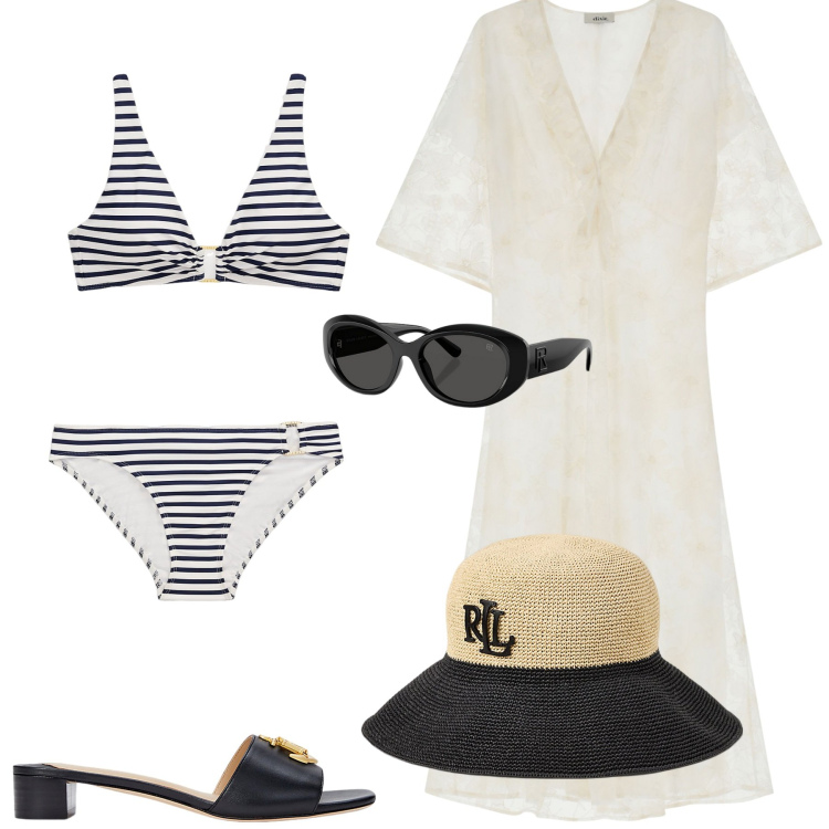 Outfit donna - Al mare. Stile Casual per Mare. Abbinamento con vestiti midi/longuette, occhiali da sole, bikini, cappelli, bikini, sandali in pelle.