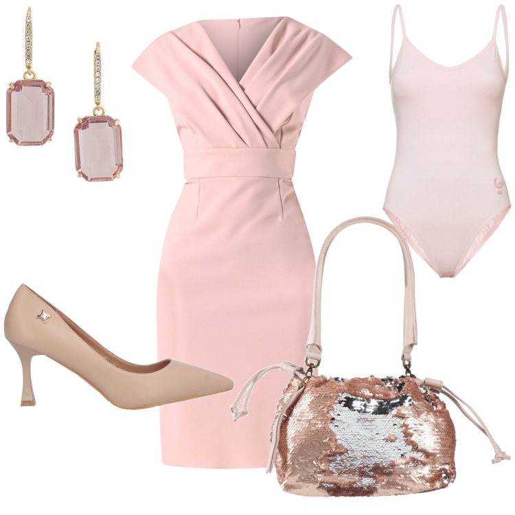 Outfit donna - Tubino incrociato. Stile Glamour per Cerimonia. Abbinamento con borse a mano, décolleté, vestiti a tubino, body, orecchini.