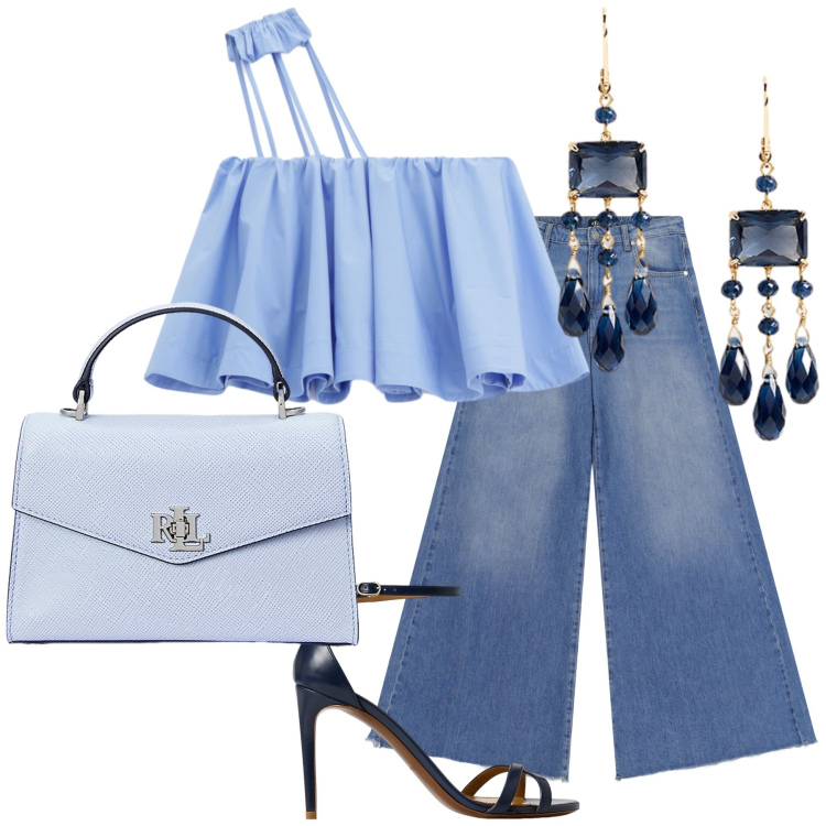 Outfit donna - Svolazzante serata in jeans. Stile Glamour per Serata fuori. Abbinamento con top, jeans a zampa, borse a mano, orecchini, sandali col tacco.