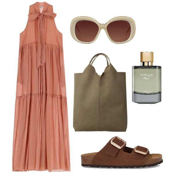 Outfit donna - Chic in città anche a 30 gradi. Stile Chic per Tutti i giorni. Abbinamento con occhiali da sole, profumi, vestiti lunghi, shopping bag, ciabatte.