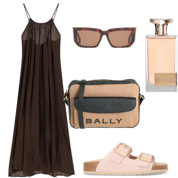 Outfit donna - Chic in città anche a 30 gradi. Stile Chic per Tutti i giorni. Abbinamento con borse a tracolla, vestiti lunghi, profumi, occhiali da sole, ciabatte.