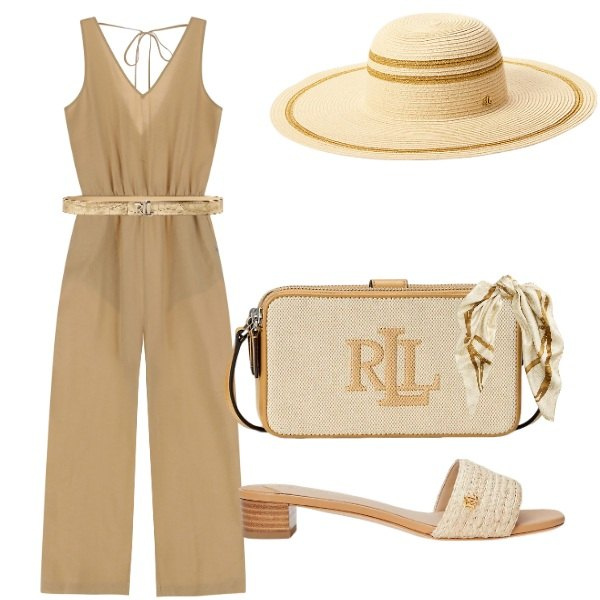 Outfit donna - estate. Stile Casual per Mare. Abbinamento con tute, cinture, sandali in pelle, foulard, cappelli, portafogli.