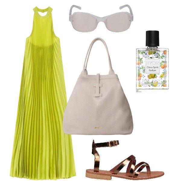 Outfit donna - Chic in città anche a più 30 gradi. Stile Chic per Tutti i giorni. Abbinamento con infradito, profumi, borse tote, vestiti lunghi, occhiali da sole.