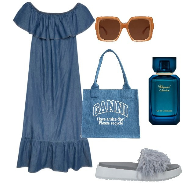 Outfit donna - Chic in città anche a più di 30 gradi. Stile Basic per Tutti i giorni. Abbinamento con sandali in pelle, occhiali da sole, profumi, vestiti lunghi, shopping bag.