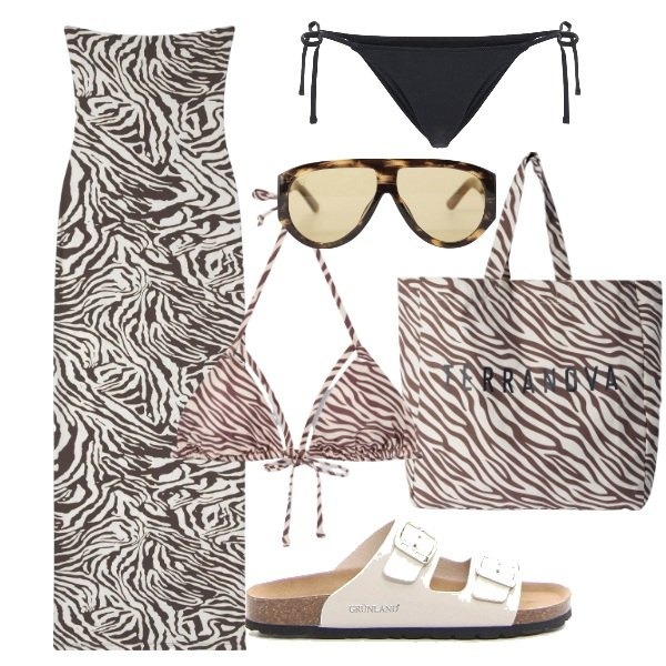 Outfit donna - Zebrato coordinato. Stile Basic per Mare. Abbinamento con vestiti lunghi, borse tote, bikini, occhiali da sole, ciabatte, bikini.