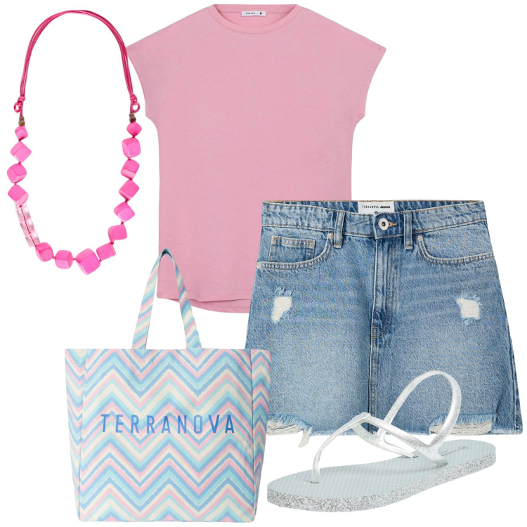 Outfit donna - Total look #2188661. Stile Casual per Mare. Abbinamento con sandali, minigonne, t-shirt, borse tote, collane.