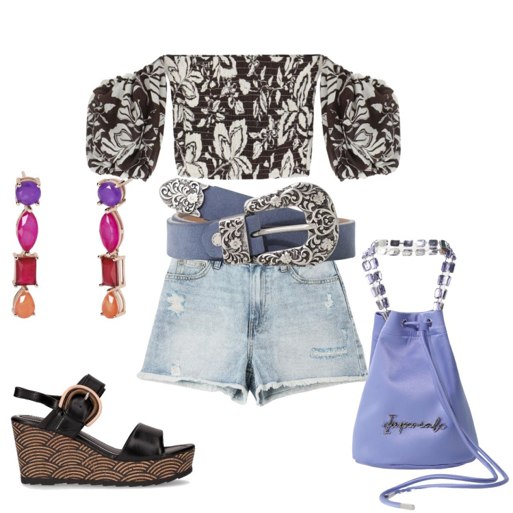 Outfit donna - I miei anni 70. Stile Vintage retrò per Serata fuori. Abbinamento con shorts, orecchini, borse a secchiello, bluse, cinture, sandali col tacco.