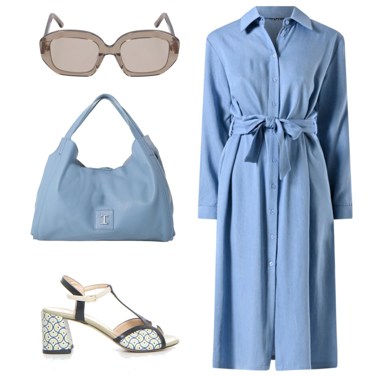 Outfit donna - Pomeriggio azzurro. Stile Casual per Ufficio. Abbinamento con vestiti chemisier, pochette, sandali col tacco, occhiali da sole.