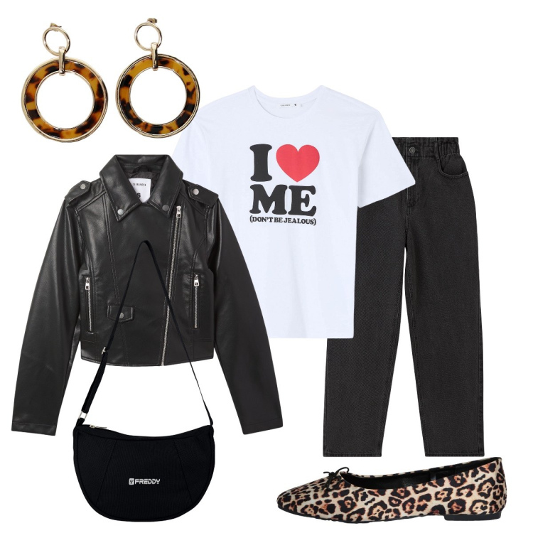 Outfit donna - Indimenticabili anni 90. Stile Vintage retrò per Serata fuori. Abbinamento con t-shirt, ballerine, giacche, jeans, borse a spalla, orecchini.