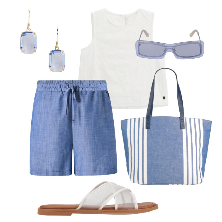 Outfit donna - Fresco chambray. Stile Casual per Tutti i giorni. Abbinamento con borse a spalla, sandali, top, shorts, orecchini, occhiali da sole.