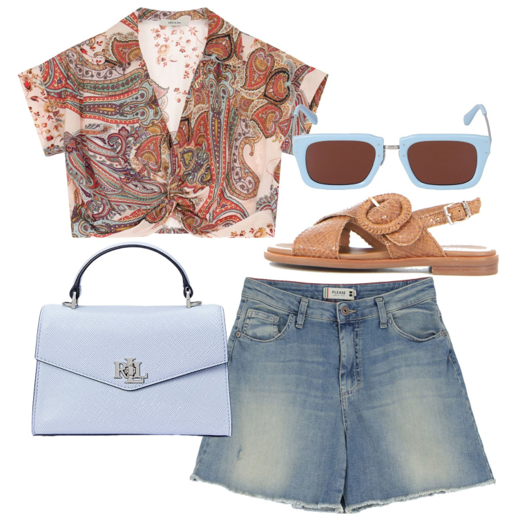 Outfit donna - Quando si è bellissima. Stile Casual chic per Tutti i giorni. Abbinamento con shorts, top, borse a mano, occhiali da sole, sandali.