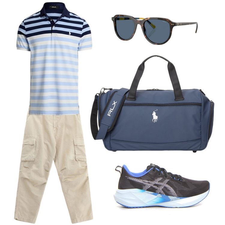 Outfit uomo - Polo sport. Stile Casual Abbinamento con pantaloni cargo, occhiali da sole, polo, borse sportive, scarpe sportive.