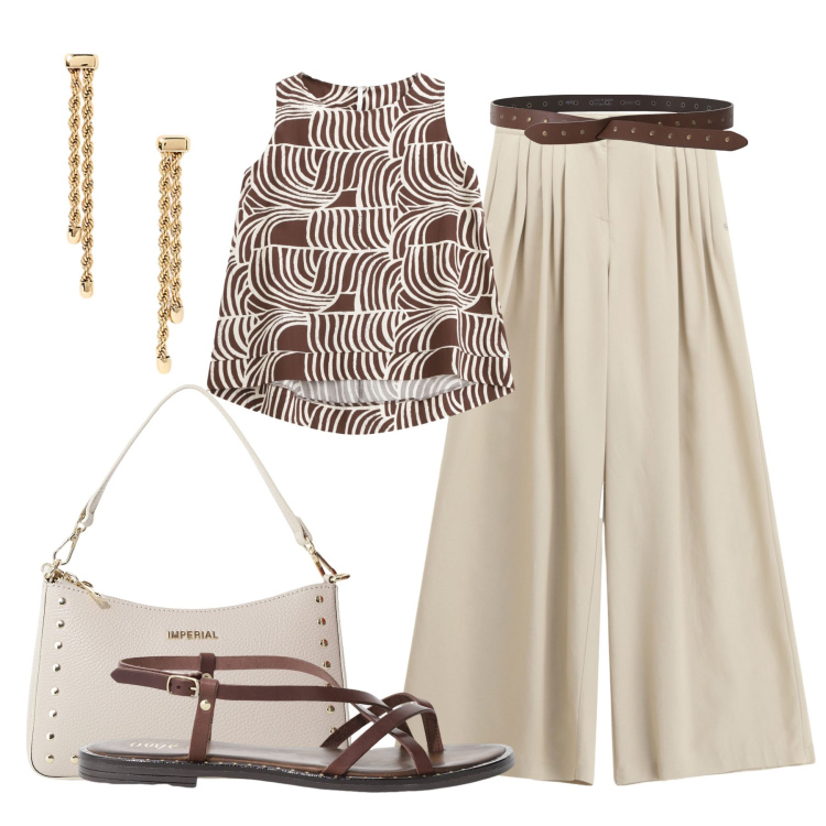 Outfit donna - Leggera glam al lavoro. Stile Glamour per Ufficio. Abbinamento con pantaloni a palazzo, top, borse a spalla, cinture, sandali, orecchini.