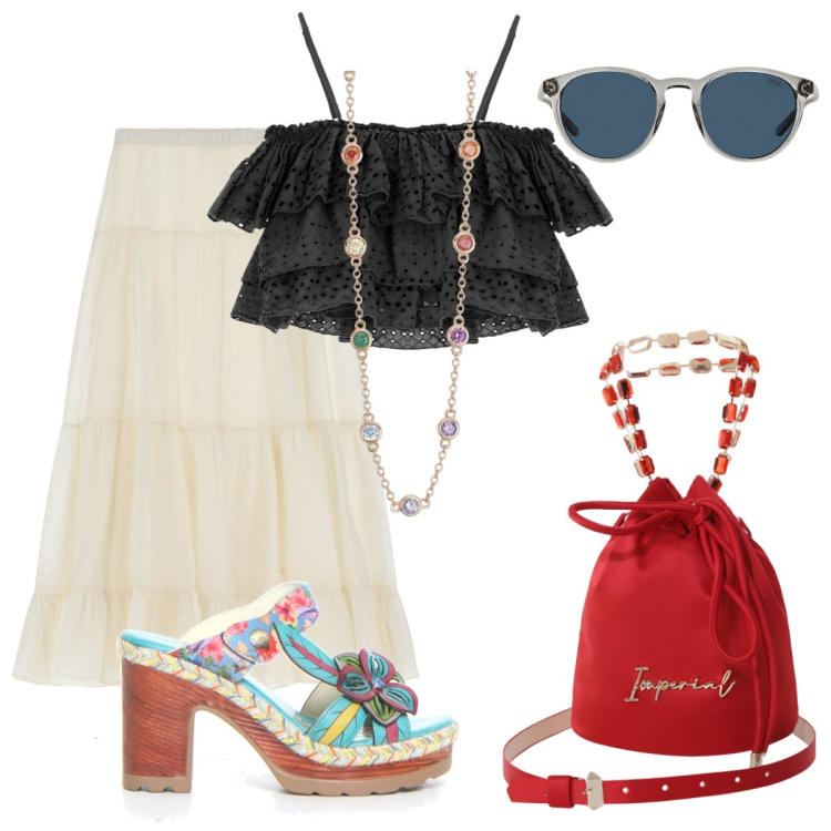 Outfit donna - Positano. Stile 70s per Mare. Abbinamento con collane, borse a secchiello, gonne lunghe, top, occhiali da sole, ciabatte.