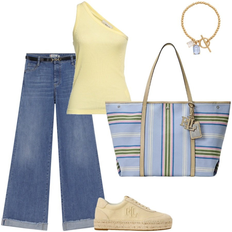 Outfit donna - Chic in top e jeans. Stile Casual chic per Tutti i giorni. Abbinamento con top, jeans, braccialetti, sneakers, borse tote.