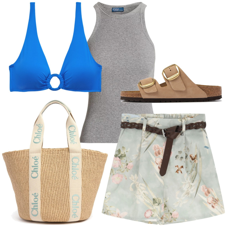 Outfit donna - Quando si è bellissima. Stile Casual chic per Mare. Abbinamento con shorts, canottiere, bikini, sandali in pelle, shopping bag.