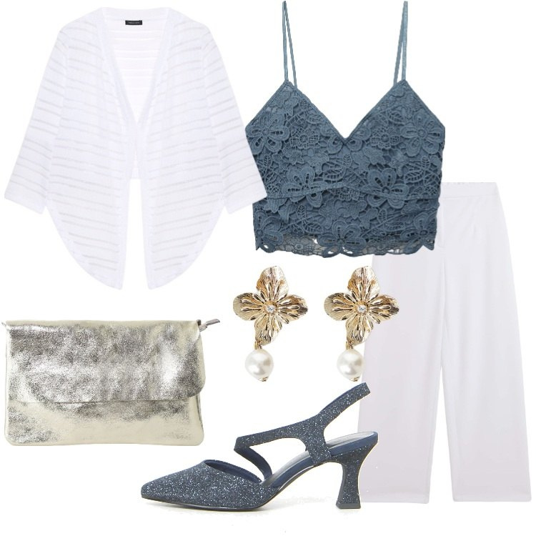 Outfit donna - Serata romantica. Stile Romantica per Serata fuori. Abbinamento con top, pantaloni, borse a tracolla, orecchini, bolero, décolleté.