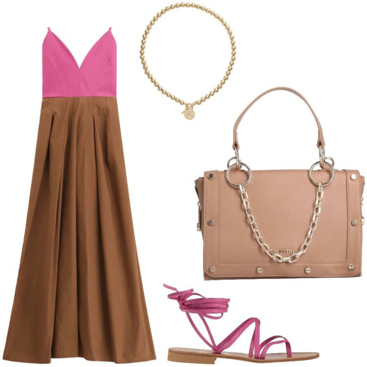 Outfit donna - Abito bicolore. Stile Casual chic per Serata fuori. Abbinamento con borse a mano, infradito, vestiti lunghi, collane.