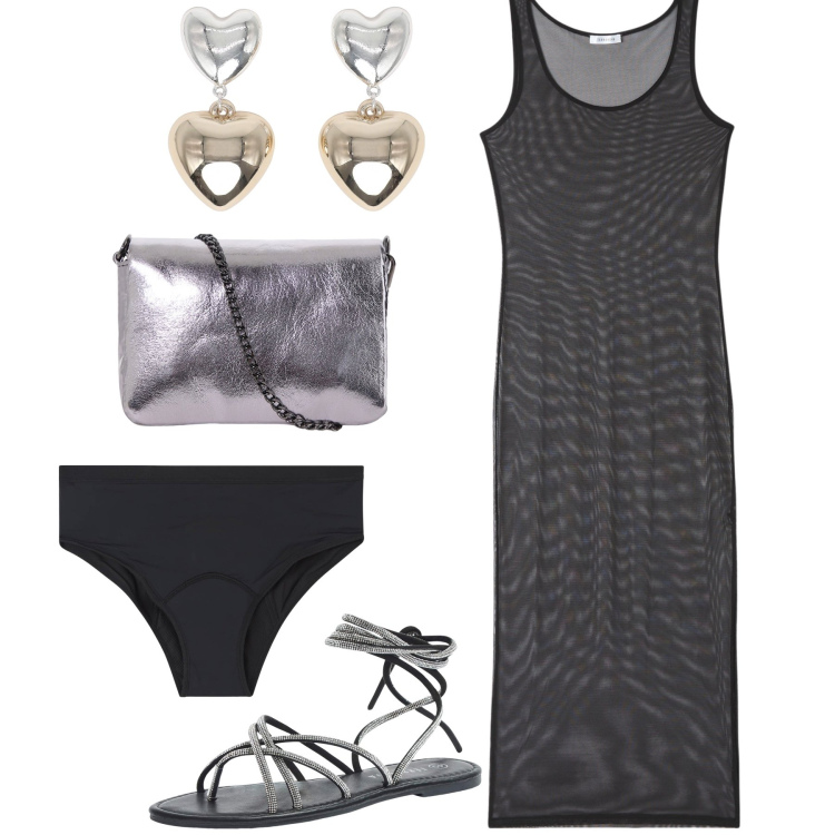 Outfit donna - Brillante a prezzi bassissimi. Stile Glamour per Serata fuori. Abbinamento con sandali alla schiava, orecchini, vestiti lunghi, culotte, pochette.
