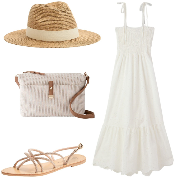 Outfit donna - Total look #2188728. Stile Casual chic per Mare. Abbinamento con borse a tracolla, cappelli, sandali, vestiti midi/longuette.