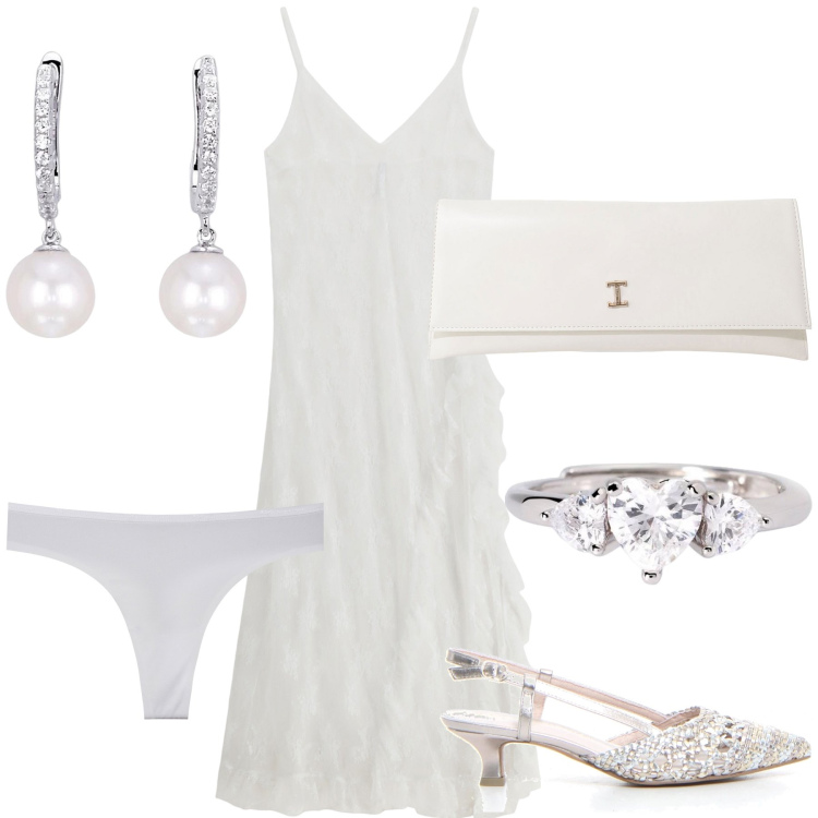Outfit donna - La sposa non costosa. Stile Chic per Cerimonia. Abbinamento con anelli, orecchini, vestiti midi/longuette, pochette, perizomi, sandali col tacco.