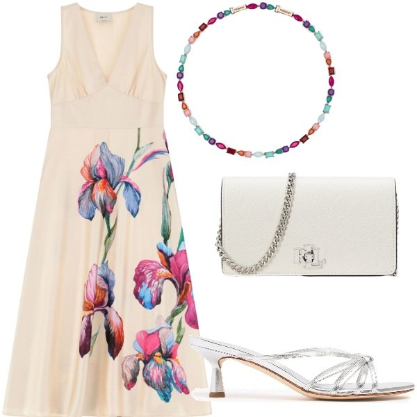 Outfit donna - Cerimonia tra intimi. Stile Glamour per Cerimonia. Abbinamento con collane, vestiti senza maniche, borse a tracolla, sandali in pelle.
