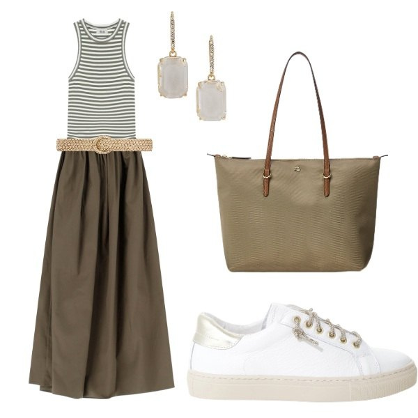 Outfit donna - giornata libera. Stile Urban per Tutti i giorni. Abbinamento con cinture, sneakers, vestiti lunghi, borse tote, orecchini.
