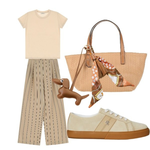 Outfit donna - domenica a pranzo. Stile Urban per Tutti i giorni. Abbinamento con borse a mano, portachiavi, t-shirt, pantaloni, sneakers.