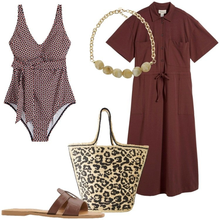 Outfit donna - Al mare con il pancione. Stile Basic per Mare. look ideale per Premaman. Abbinamento con costumi interi, vestiti, shopping bag, ciabatte, collane.