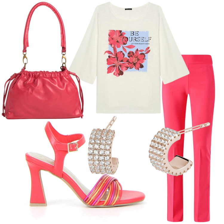Outfit donna - Total look #2188738. Stile Casual chic per Tutti i giorni. Abbinamento con borse a mano, orecchini, pantaloni, sandali col tacco, t-shirt.