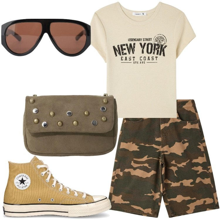 Outfit donna - New York. Stile Military per Tutti i giorni. Abbinamento con t-shirt, shorts, occhiali da sole, borse a tracolla, sneakers.
