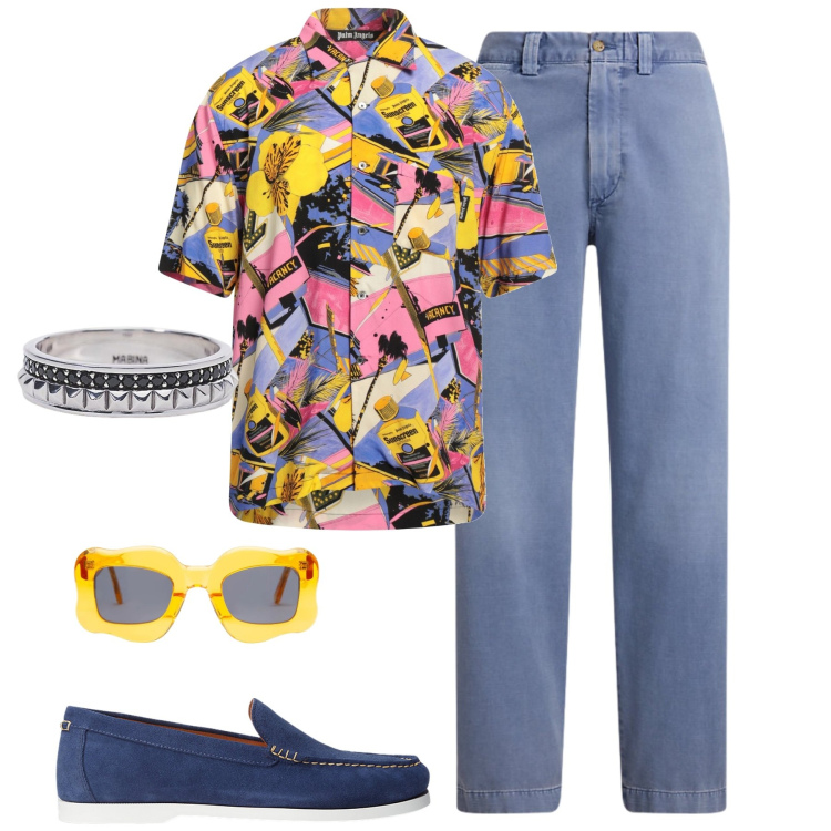 Outfit uomo - La camicia fantasia. Stile Urban per Tutti i giorni. Abbinamento con camicie a manica corta, anelli, scarpe stringate, pantaloni, occhiali da sole.
