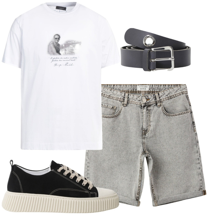 Outfit uomo - Summer. Stile Casual per Tutti i giorni. Abbinamento con t-shirt, bermuda, sneakers, cinture.