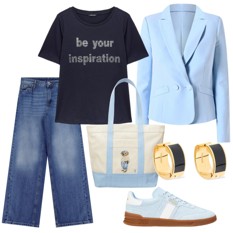 Outfit donna - Comoda. per Scuola/Università. Abbinamento con blazer, jeans, sneakers, borse tote, t-shirt, orecchini.