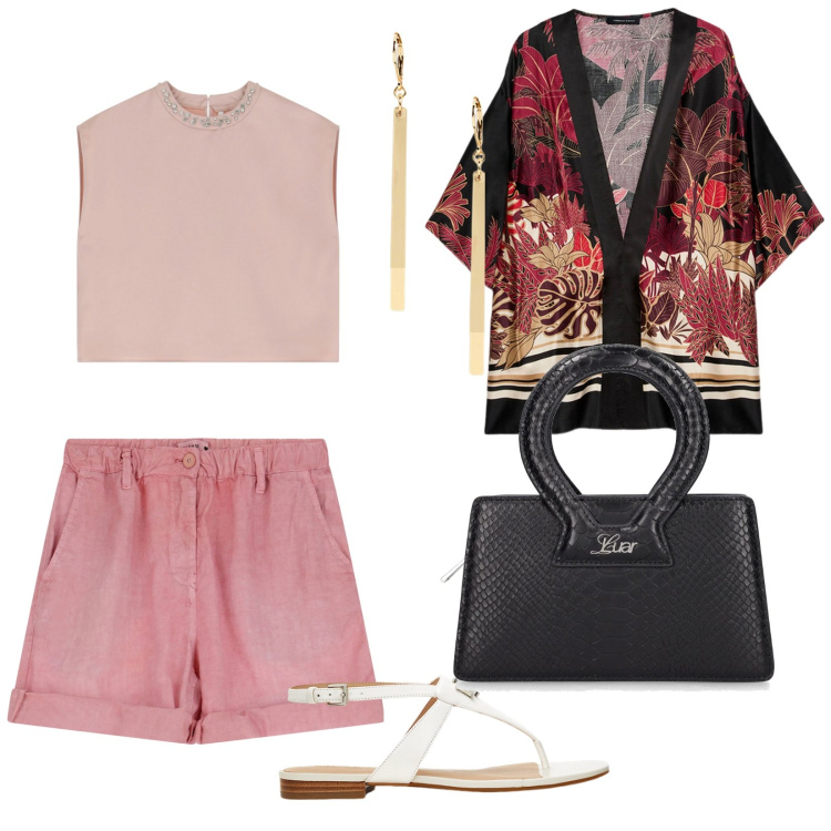Outfit donna - In Sardegna. per Mare. Abbinamento con shorts, top, orecchini, sandali in pelle, borse a mano, kimono.