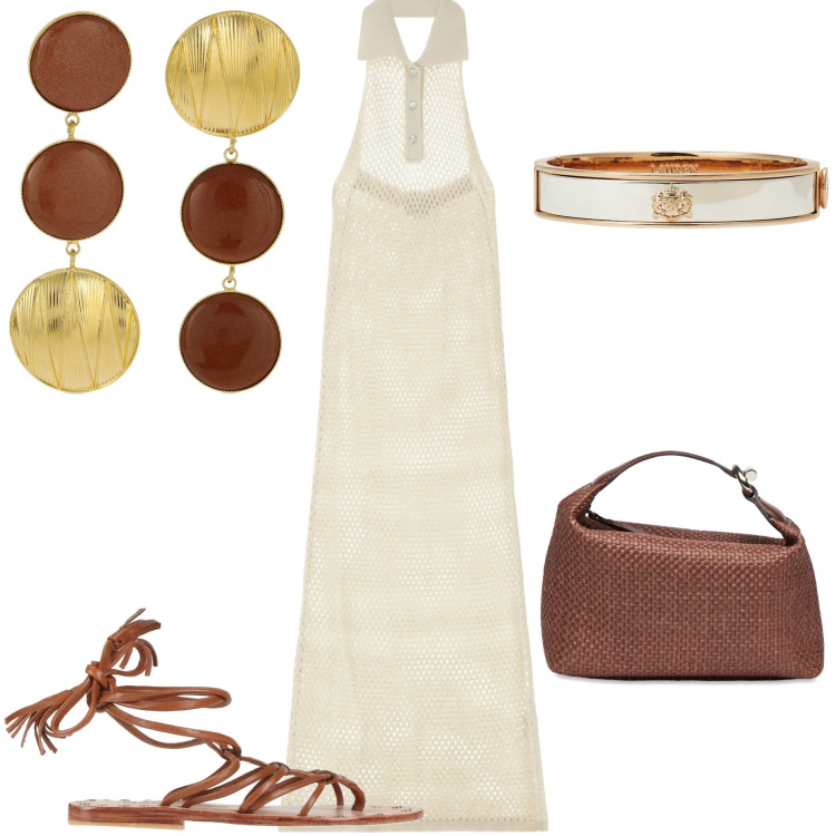 Outfit donna - Sandali alla schiava. Stile Chic per Serata fuori. Abbinamento con infradito, vestiti lunghi, braccialetti, pochette, orecchini.