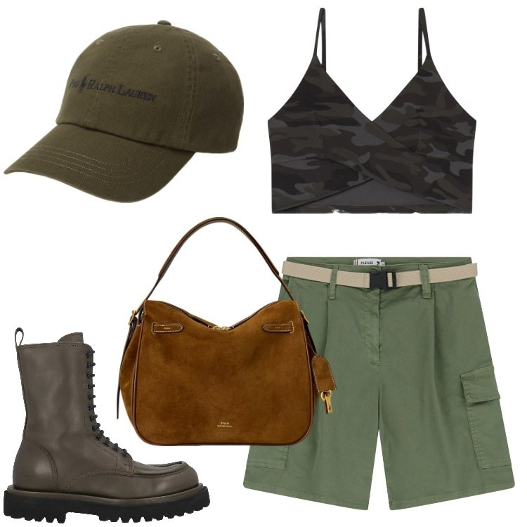 Outfit donna - Military style. Stile Military per Tutti i giorni. Abbinamento con anfibi, shorts, top, borse a mano, cappelli.