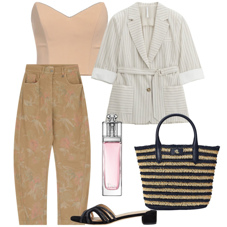 Outfit donna - Mox&match. Stile Bon Ton per Tutti i giorni. Abbinamento con top, profumi, blazer, pantaloni, borse tote, sandali in pelle.