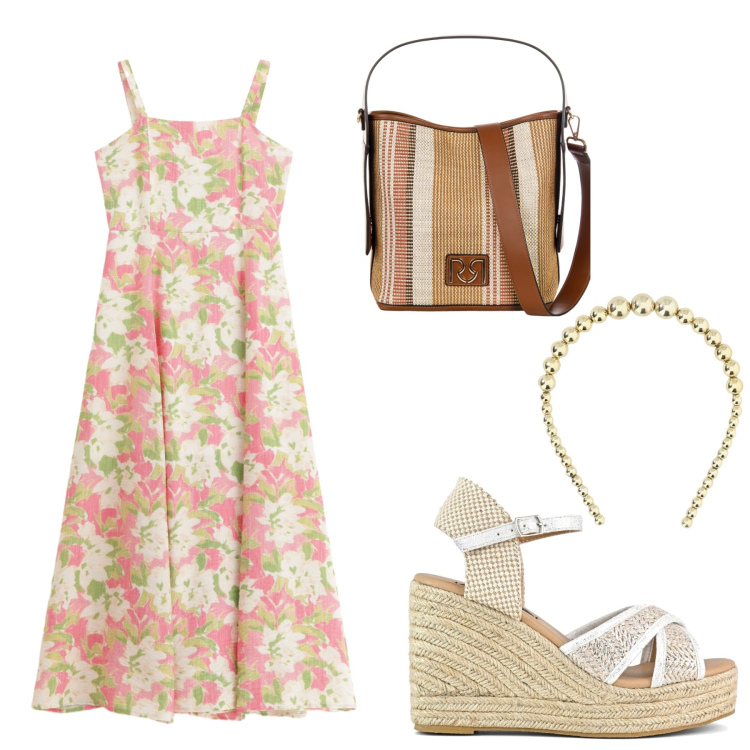 Outfit donna - Floreal. Abbinamento con borse a secchiello, vestiti lunghi, cerchietti, zeppe.