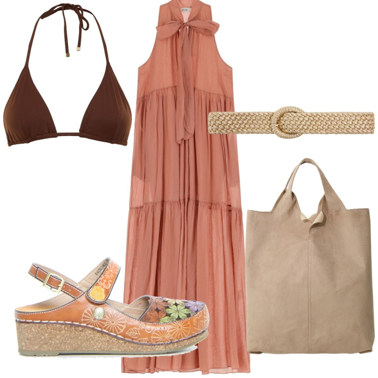 Outfit donna - Total look #2188831. Stile Boho per Mare. Abbinamento con cinture, vestiti lunghi, shopping bag, sandali, bikini.