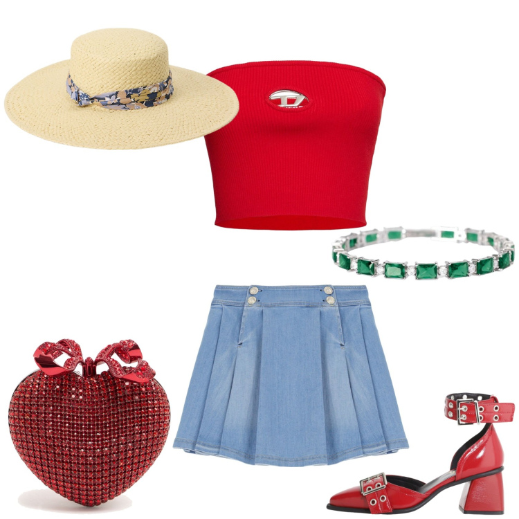 Outfit donna - Per un aperitivo estivo. Stile Casual chic per Serata fuori. Abbinamento con braccialetti, minigonne, décolleté, cappelli, pochette, top.