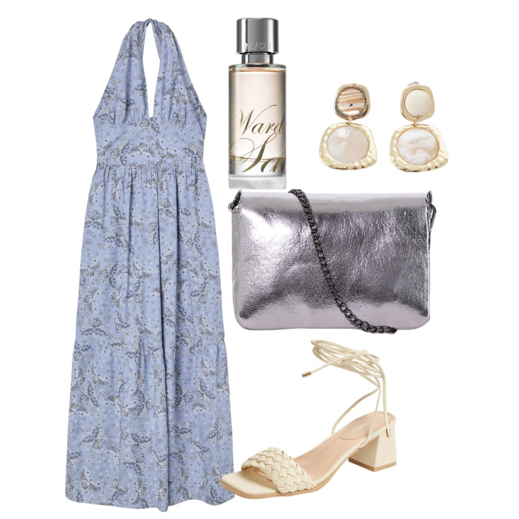 Outfit donna - Celeste a giugno. Stile Chic per Tutti i giorni. Abbinamento con profumi, vestiti lunghi, sandali alla schiava, pochette, orecchini.