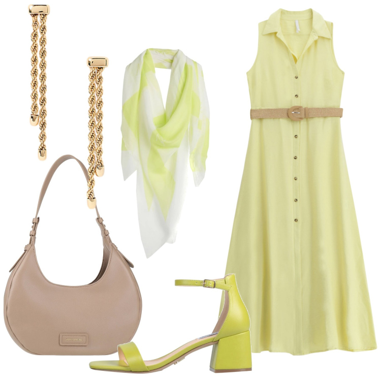 Outfit donna - Luminosa. Stile Bon Ton per Ufficio. Abbinamento con borse a spalla, sandali in pelle, sciarpe, vestiti senza maniche, orecchini.