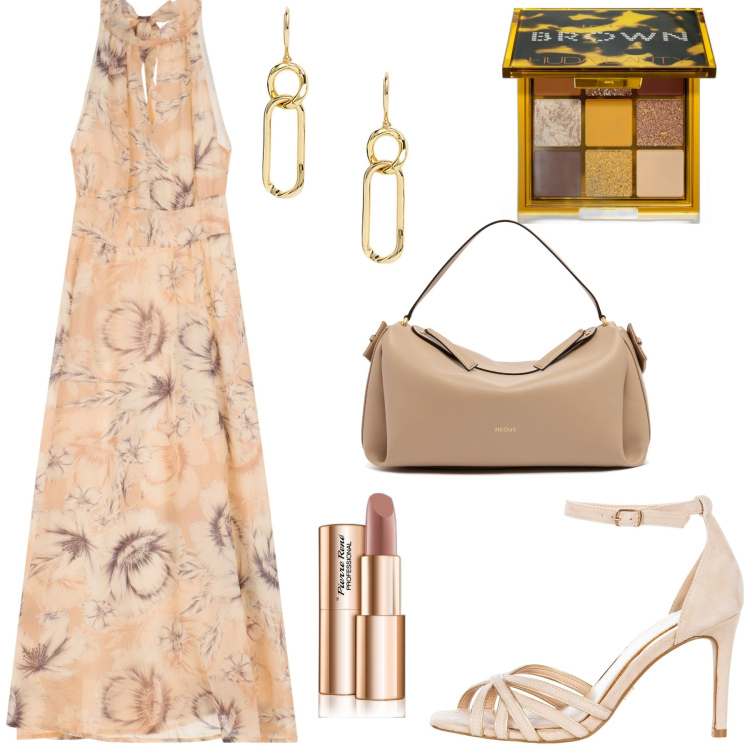 Outfit donna - Abito senza maniche. Stile Chic per Cerimonia. Abbinamento con ombretti, rossetti, sandali col tacco, orecchini, vestiti lunghi, borse a spalla.